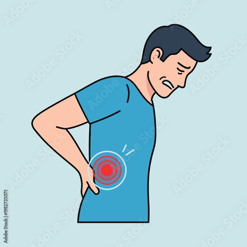 Man with lower back pain, kidney pain, and discomfort, medical illustration