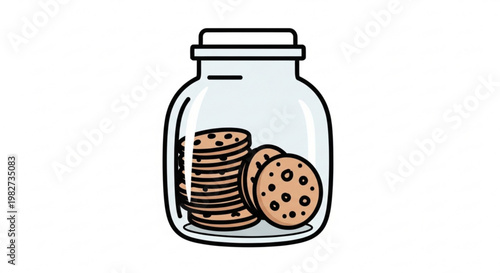 Glass jar filled with chocolate chip cookies on white background