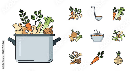 Fresh Vegetable Soup Ingredients in Pot with Cooking Elements Icons