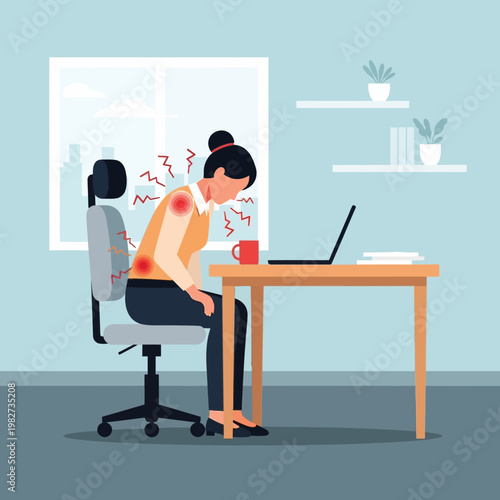 Woman suffering from back pain and neck pain while working at a computer desk.