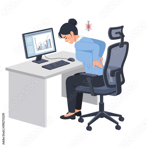 Woman suffering from back pain while working at a computer desk, poor posture, office discomfort