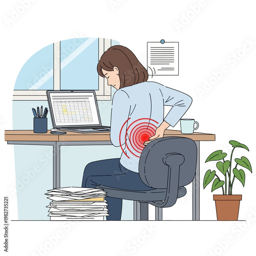 Woman suffering from back pain while working at a desk with a laptop.