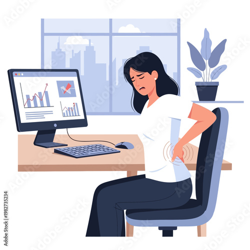 Woman suffering from back pain while working at a computer in an office