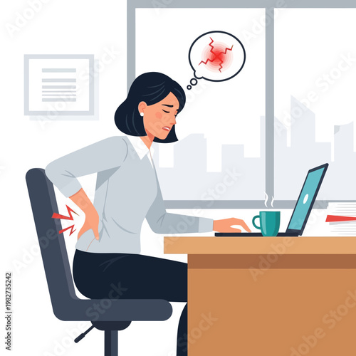 Woman suffering from back pain while working at a desk with a laptop.