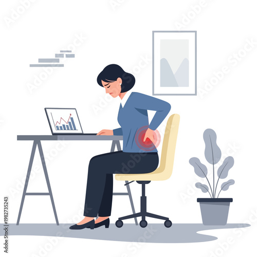 Woman suffering from back pain while working at a desk with a laptop