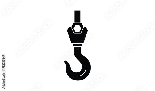 Black and white illustration of a sturdy hook with hexagonal nut, isolated on white background for industrial use.