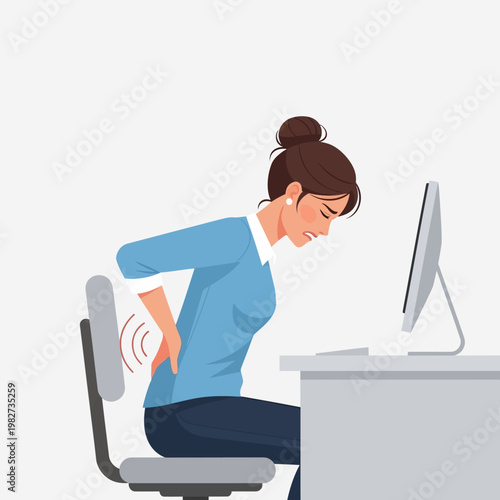 Woman suffering from back pain while working at computer, office ergonomics concept