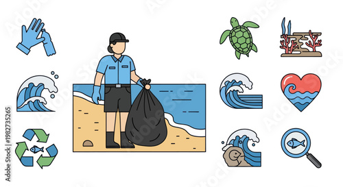 Environmental Cleanup: Person collecting trash on beach, ocean waves, turtle, coral reef, recycling symbol