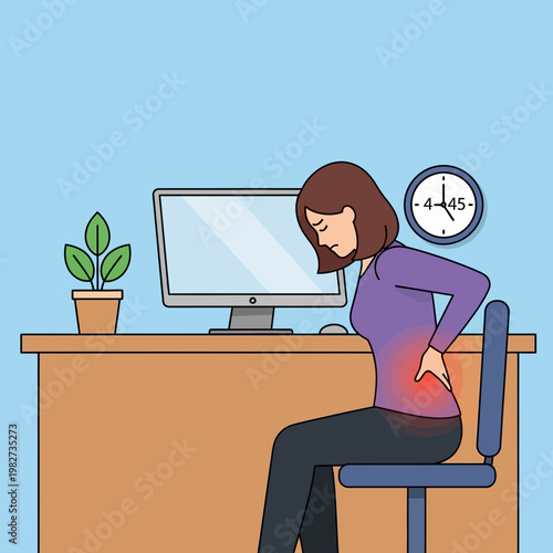 Woman suffering from back pain while working at office desk, long hours, poor posture