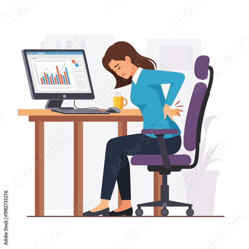 Woman suffering from back pain while working at office desk with computer