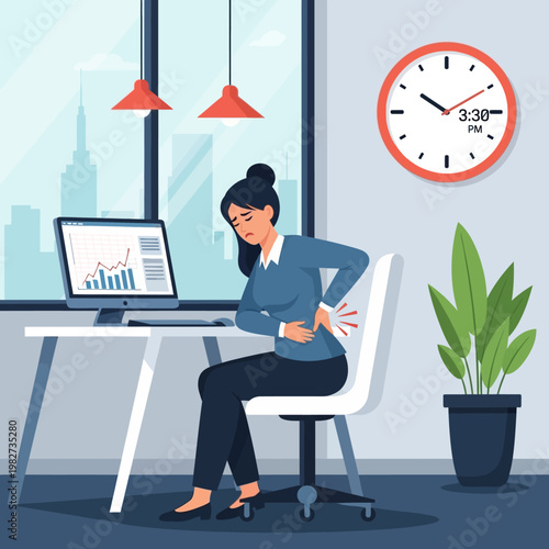 Woman suffering from back pain while working at office desk with computer