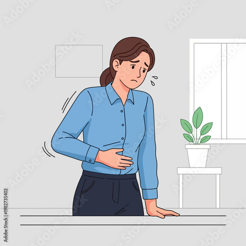 Woman with stomach ache, holding her belly in pain, feeling unwell, nausea, discomfort