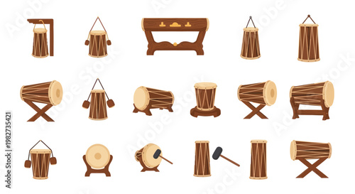 Set of Traditional Indonesian Gamelan Drums and Percussion Instruments on White Background