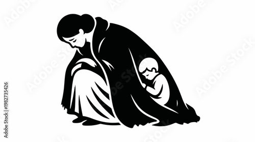 Mother Hugging Child Under Blanket Black and White Icon