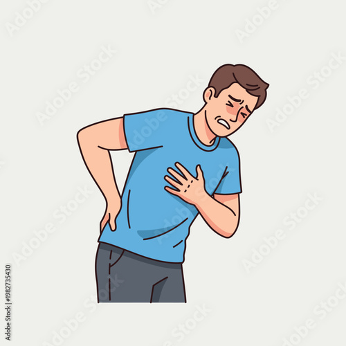 Man clutching chest in pain, heart attack or chest pain, medical emergency concept