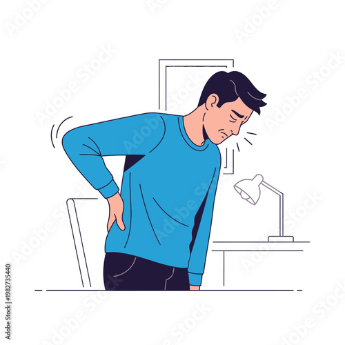 Man suffering from back pain while sitting at a desk, office discomfort, health problem