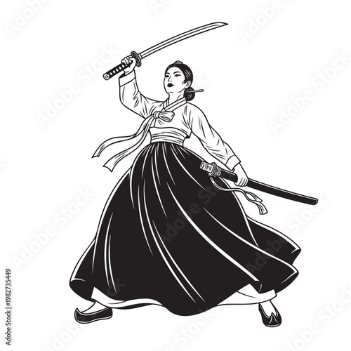 Elegant Korean Female Warrior in Traditional Hanbok Dress Wielding a Sword, Tattoo Art Black and White Vector