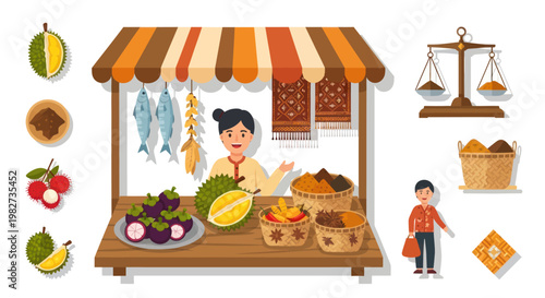 Asian Woman Selling Exotic Fruits, Fish, and Spices at a Tropical Market Stall