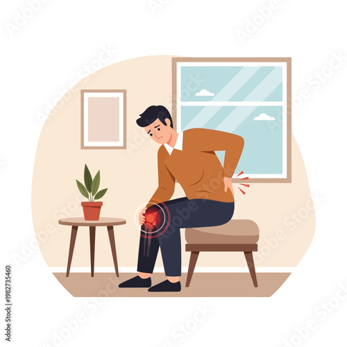 Man suffering from knee and back pain, sitting on a stool in a room