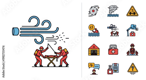 Emergency Rescue Team Responds to Natural Disaster Icons