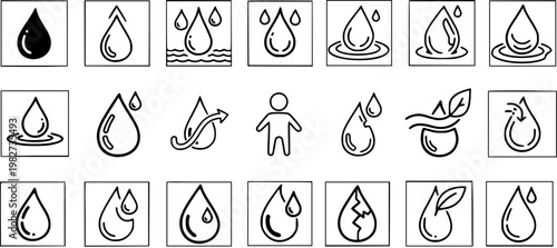 Black and White Line Art Icons of Water Drops, Hydration, and Purity Symbols
