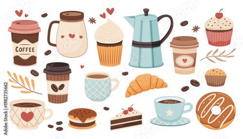 Coffee and pastries collection in cute flat style. cozy breakfast, coffee shop