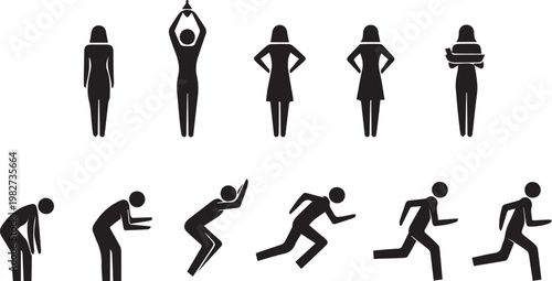 Human figure progression from fetal position to running silhouette series