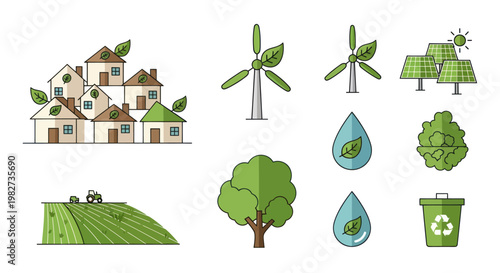 Eco-friendly living icons: sustainable village, wind turbines, solar panels, nature elements