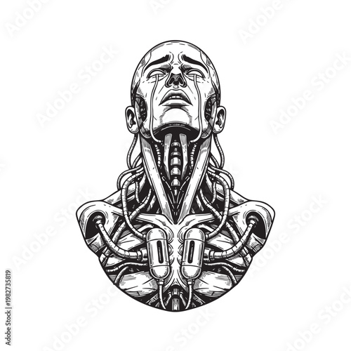 Human Anatomy Bust Showing Muscles and Tendons Looking Up, Medical Science Detailed Black and White Vector