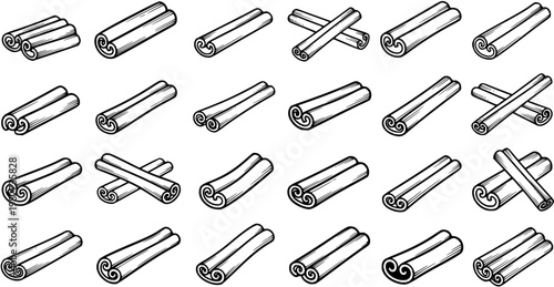 Food  Spice Industry Black and White Line Art Cinnamon Sticks Collection Vector Illustration for Culinary Designs