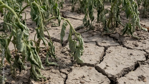 Wilted plants and cracked dry earth symbolizing drought and arid conditions image photo