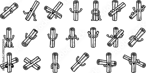 Cute Black and White Line Art Cinnamon Stick Characters for Food and Drink Industry Designs