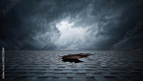 A dramatic scene depicts a gaping hole in a dark gray shingle roof, revealing a bright, stormy sky filled with ominous clouds, creating a sense of impending doom and mystery.