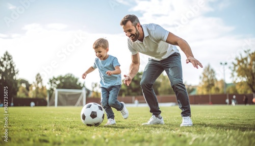 Father and Son Enjoying a Game of Soccer on a Sunny Day.
