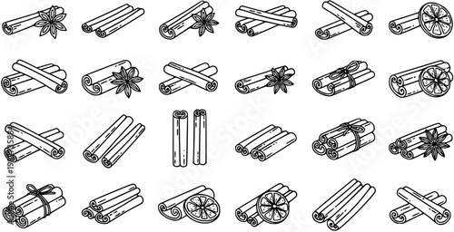 Food  Spice Black and White Line Art Set: Hand-Drawn Cinnamon Sticks, Star Anise  Citrus Icons. Outline Collection for Cooking, Baking, and Holiday Designs.