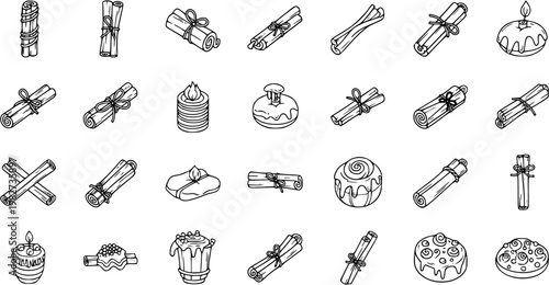 Hand-drawn Black and White Line Art Icons Set: Cinnamon Sticks, Spices, and Baked Goods. Doodle Collection for Food  Drink, Holiday  Home Decor.