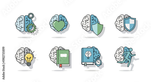Brain icons represent various concepts like security, ideas, and health services.