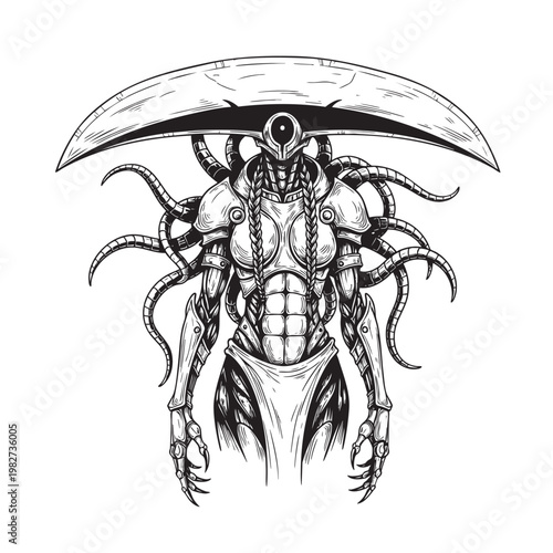Giant Scarab Beetle with Scythe Mandibles Spread Open, Dark Horror Fantasy Black and White Vector Art