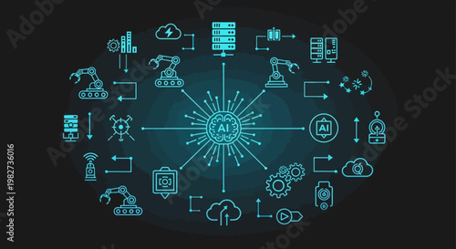 A futuristic illustration of various technology and science icons surrounding a central glowing symbol on a dark background with blue lines.