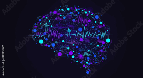 A futuristic brain illustration displays vibrant purple and blue dots and lines on a dark background.