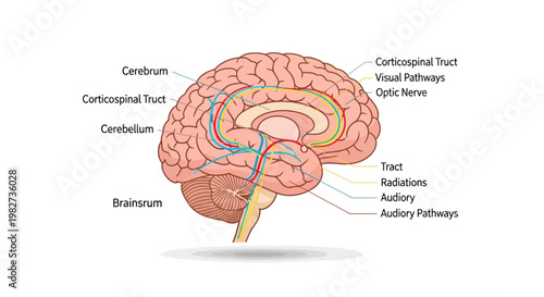 The human brain shows detailed anatomy with labeled brainstem, cerebellum, cerebrum, and tracts in a medical illustration.