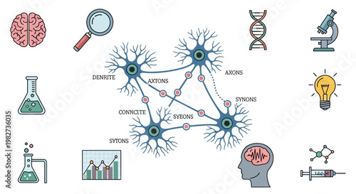 The human brain connects neurons in a scientific laboratory setting with various icons.