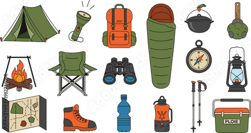 Camping and Hiking Gear Vector Set Featuring Tent Backpack Sleeping Bag Compass and Outdoor Equipment