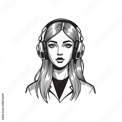 Young Woman Portrait with Headphones and Straight Hair, Modern Music Lover Black and White Vector Illustration