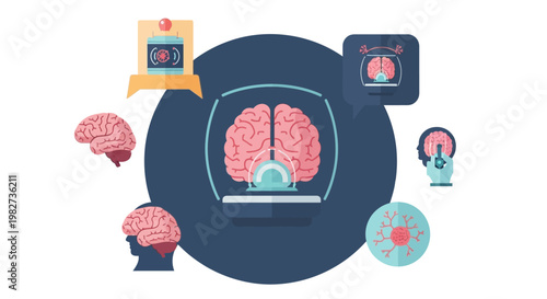 Brain illustration shows human mind with various thoughts and ideas