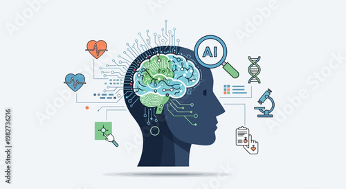 A human head with a brain and various science and technology symbols around it.