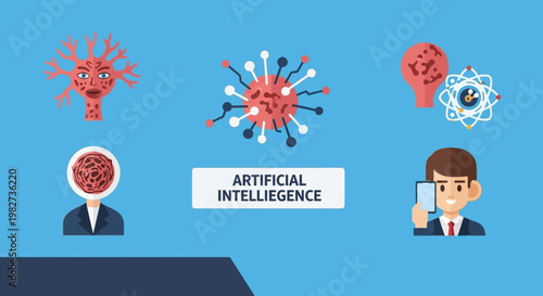 Illustration of artificial intelligence concept with human brain and robot