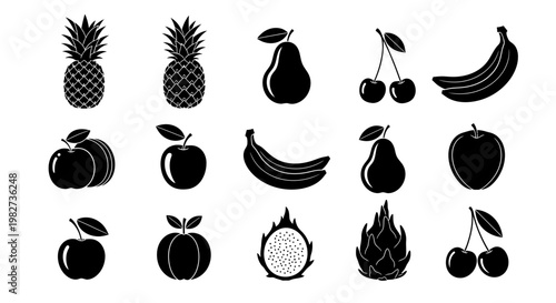 Black and white fruit collection pineapples bananas apples pears and more
