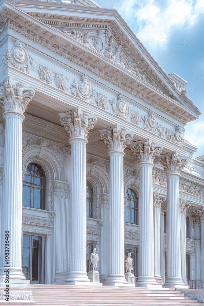 Fototapeta premium Majestic neoclassical building facade with towering Corinthian columns, ornate pediment and sculpted friezes, arched windows, stone steps and statues under a bright blue sky