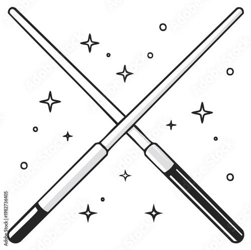 Two crossed stylized lightsabers glowing with stars and sparkles illustration